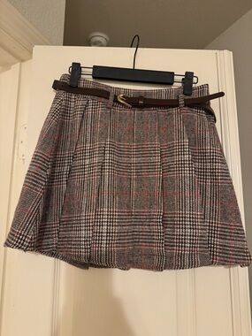 Commense Plaid Circle Skirt in Brown and Red with Belt